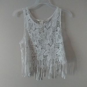 *H&M Coachella white flower lace fringe crop top